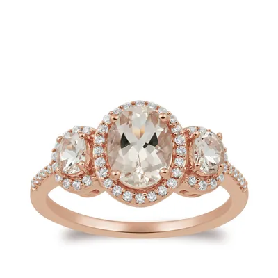 Oval Morganite & 1/5 ct. tw. Diamond Halo 3-Stone Ring 10K Pink Gold