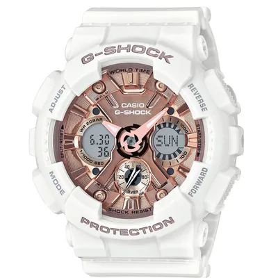 Casio G-Shock Metallic Face Series Ladies' Watch with Matte White Resin Band and Champagne Multi-Functional Face - GMAS120MF-7A2 