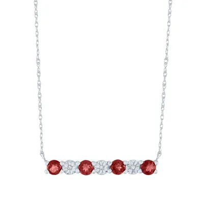 Garnet & Diamond Accent Bar Necklace in 10K White Gold