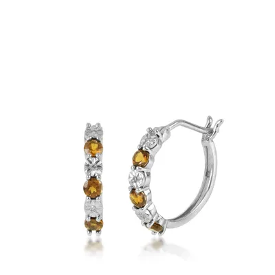 Citrine & Diamond Accent Hoop Earrings in 10K White Gold