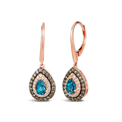 Le Vian Chocolatier Pear Deep Sea Blue Topaz & 1/2 ct. tw. Chocolate & Vanilla Diamond Double Halo Drop Earrings in 14K Strawberry Gold