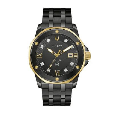 Bulova Men's Marine Star 8 Diamond Watch with Black Dial in Black Ion-Plated Stainless Steel