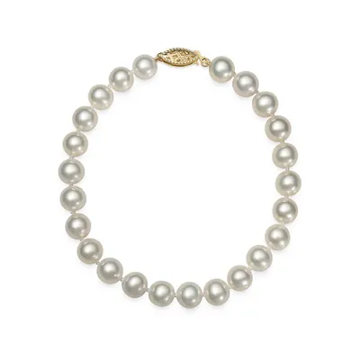 8.5" White Freshwater 8-9mm Pearl Strand Bracelet in 14K Yellow Gold