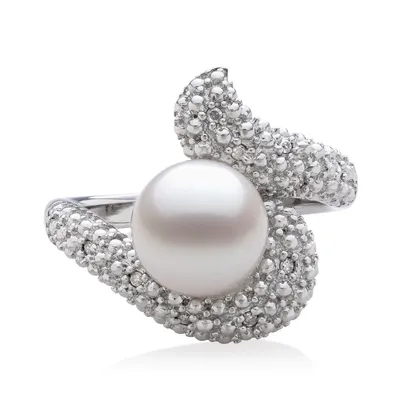 9-10mm White Freshwater Pearl & 1/10 ct. tw. Diamond Swirl Ring Sterling Silver