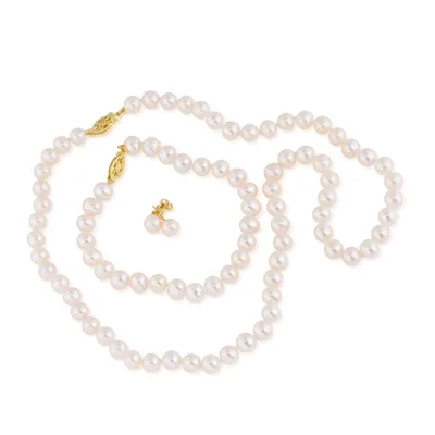 Freshwater Pearl Necklace Bracelet and Earring Set with 14K Yellow Gold Filigree Clasp - FW050458