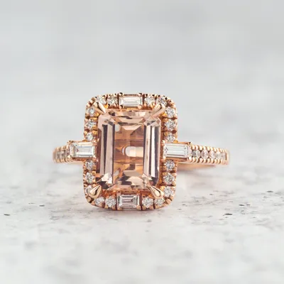 Emerald Cut Morganite & 1/2 ct. tw. Diamond Halo Ring 14K Pink Gold