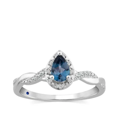 Pear London Blue Topaz & Diamond Accent Halo Ring with Twist Band 10K White Gold