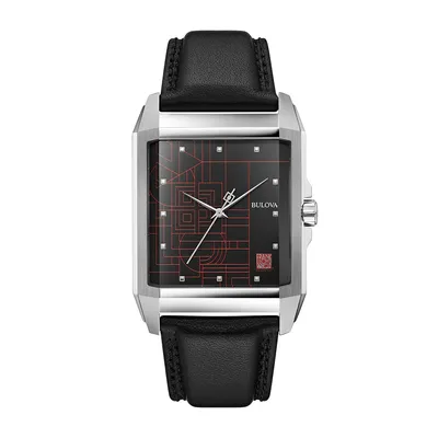 Bulova Frank Lloyd Wright Men's December Gifts Watch with Black Dial & Black Leather Strap