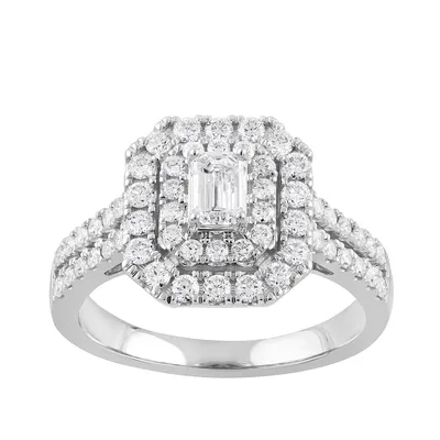 Natural 1 ct. tw. Emerald Cut Diamond Double Halo Engagement Ring 10K White Gold