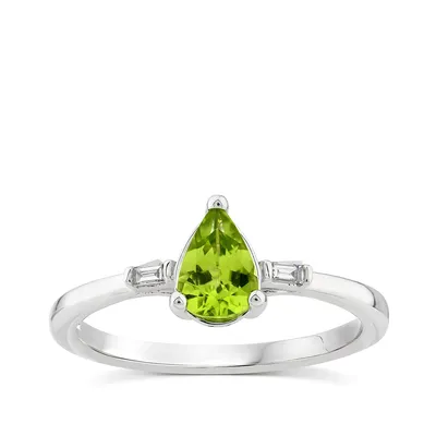 Pear Peridot & Baguette Diamond Accent Ring 10K White Gold