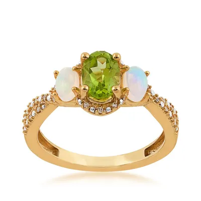 Oval Peridot, Opal & Diamond Accent Twist Shank Ring 10K Yellow Gold