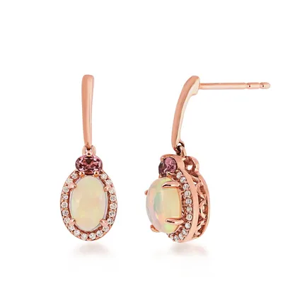 Oval Opal, Garnet & Diamond Halo Drop Earrings in 10K Pink Gold