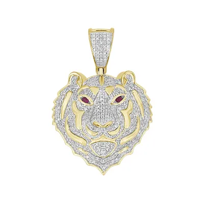 7/8 ct. tw. Diamond & Created Ruby Panther Head Pendant in 10K Yellow Gold