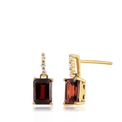 Emerald Cut Garnet & Diamond Accent Drop Earrings in 10K Yellow Gold