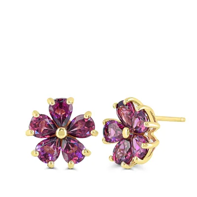 Pear Rhodolite Garnet Flower Earrings in 10K Yellow Gold