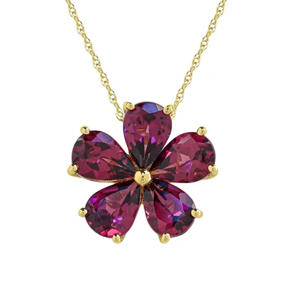 Pear Rhodolite Garnet Flower Pendant in 10K Yellow Gold