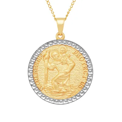 Saint Christopher Medal Pendant with Rhodium Plated Edge in 10K Yellow Gold