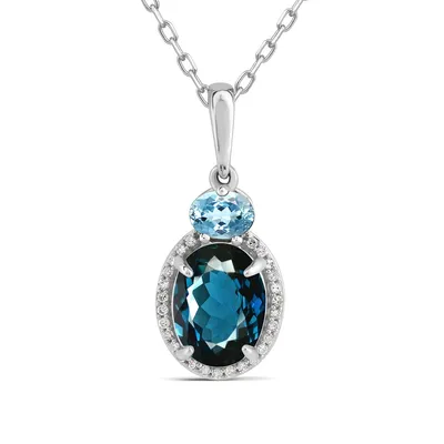 Oval London & Swiss Blue Topaz & Diamond Accent Halo Pendant in 10K White Gold