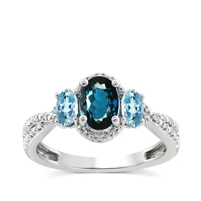 3-Stone Oval London & Swiss Blue Topaz Diamond Accent Halo Ring 10K White Gold