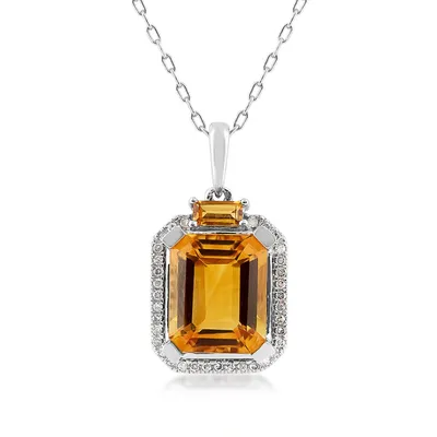 Emerald Cut Madeira Citrine & 1/10 ct. tw. Diamond Halo Pendant with Baguette Citrine Accent in 10K White Gold