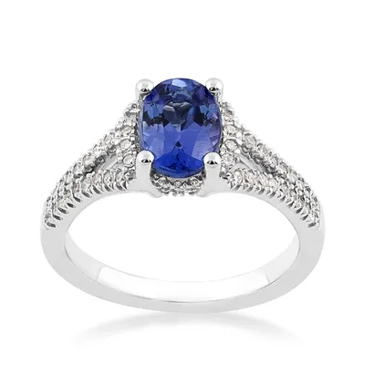 Oval Tanzanite & 1/4 ct. tw. Diamond Split Shank Ring 10K White Gold