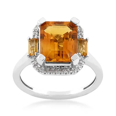 Emerald Cut Madeira Citrine & 1/10 ct. tw. Diamond Halo Ring with Baguette Accents 10K White Gold