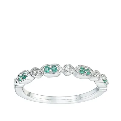 Emerald & Diamond Accent Milgrain Stackable Ring 10K White Gold