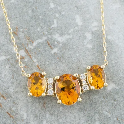 3-Stone Oval Citrine & Diamond Accent Necklace in 10K Yellow Gold