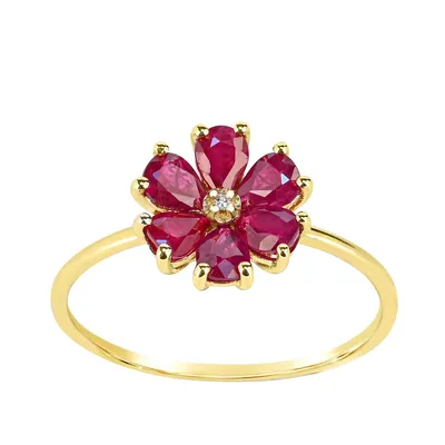 Pear Ruby & Diamond Accent Flower Ring 10K Yellow Gold