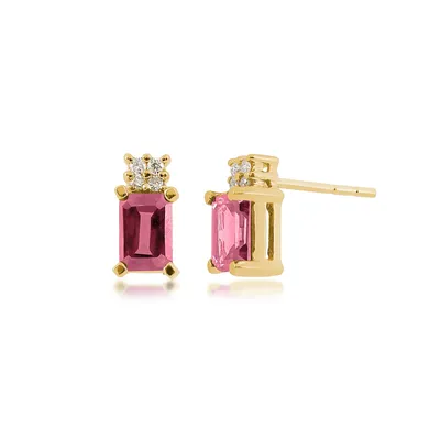 Emerald Cut Pink Tourmaline & Diamond Cluster Earrings in 14K Yellow Gold