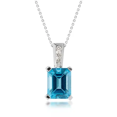 Emerald Cut Swiss Blue Topaz & Diamond Accent Pendant in 14K White Gold