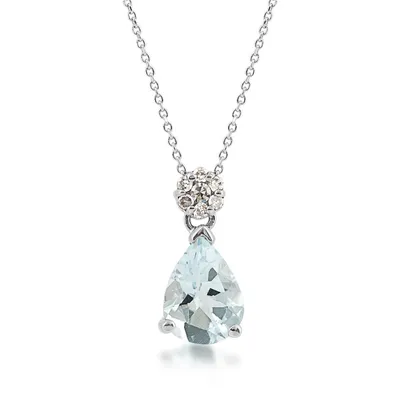 Pear Aquamarine & Diamond Accent Cluster Pendant in 14K White Gold