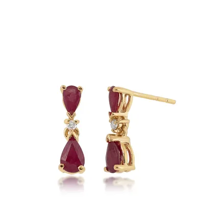 Pear Ruby & Diamond Accent Drop Earrings in 14K Yellow Gold