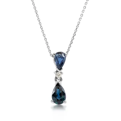 2-Stone Pear Sapphire & Diamond Accent Pendant in 14K White Gold