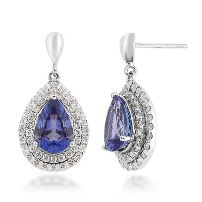 Pear Tanzanite & 7/8 ct. tw. Diamond Double Halo Drop Earrings in 14K White Gold