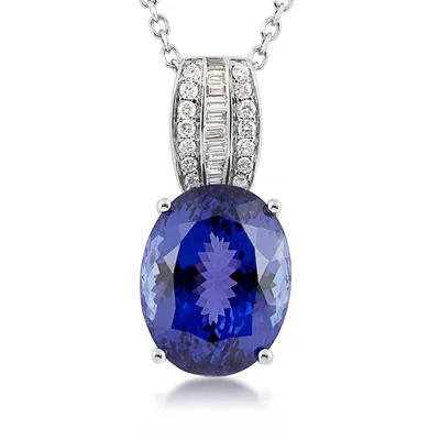 Oval Tanzanite & 1/3 ct. tw. Round & Baguette Diamond Pendant in 14K White Gold