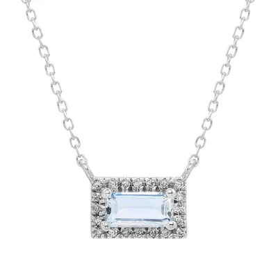 Emerald Cut Aquamarine & Diamond Halo Necklace in 10K White Gold