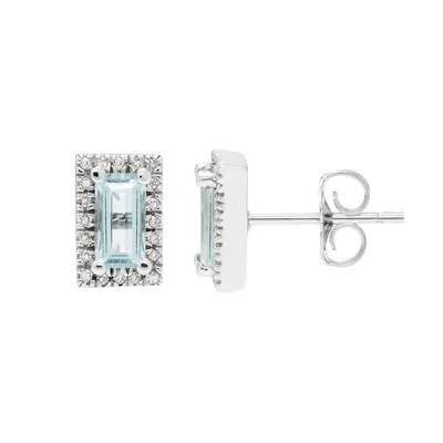 Emerald Cut Aquamarine & 1/8 ct. tw. Diamond Halo Earrings in 10K White Gold