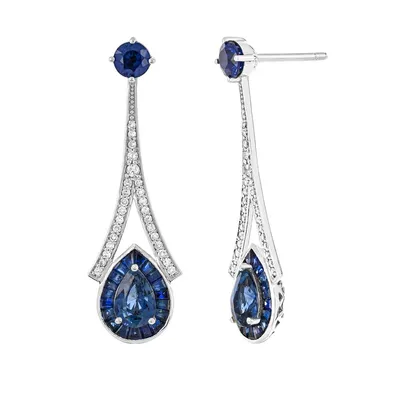 Pear Ceylon Sapphire, Sapphire & 1/3 ct. tw. Diamond Drop Earrings in 14K White Gold