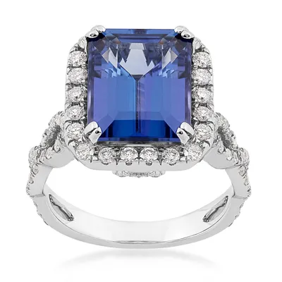 Emerald Cut Tanzanite & 1-1/10 ct. tw. Diamond Halo Twist Ring 14K White Gold