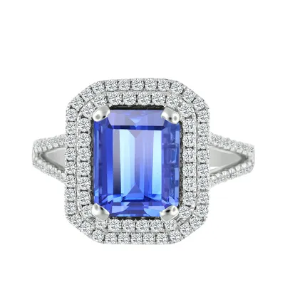 Emerald Cut Tanzanite & 5/8 ct. tw. Diamond Double Halo Ring with Split Shank 14K White Gold