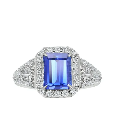 Emerald Cut Tanzanite & 5/8 ct. tw. Diamond Halo Ring 14K White Gold