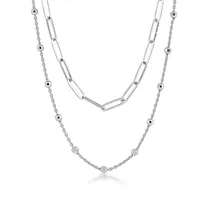 Paperclip & Cable Chain Station Layered Necklace in Sterling Silver