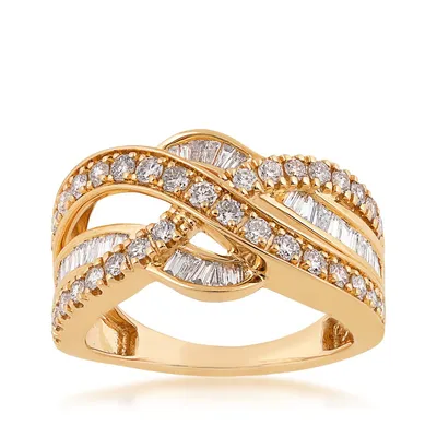 1 ct. tw. Round & Baguette Diamond Crossover Ring 10K Yellow Gold