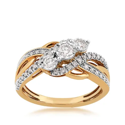 1/2 ct. tw. Diamond 3-Stone Bypass Ring with Miracle Plates 10K Yellow Gold