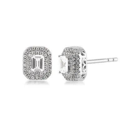 5/8 ct. tw. Emerald Cut Diamond Double Halo Earrings in 10K White Gold