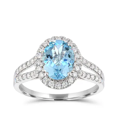 Oval Aquamarine & 3/8 ct. tw. Diamond Halo Split Shank Ring 14K White Gold