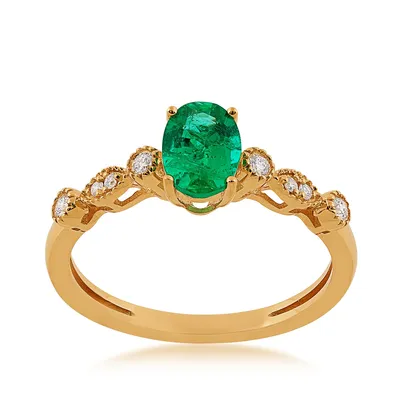 Oval Emerald & 1/10 ct. tw. Diamond Milgrain Ring 14K Yellow Gold