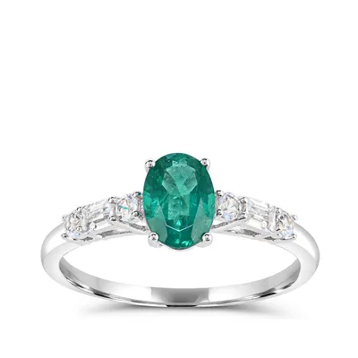 Oval Emerald & 1-3/8 ct. tw. Round Baguette Diamond Ring 14K White Gold