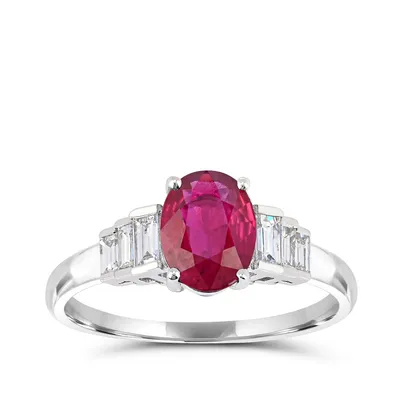 Oval Ruby & 1/3 ct. tw. Baguette Diamond Ring 14K White Gold